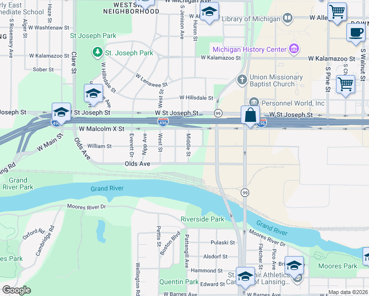 map of restaurants, bars, coffee shops, grocery stores, and more near 1516 William Street in Lansing