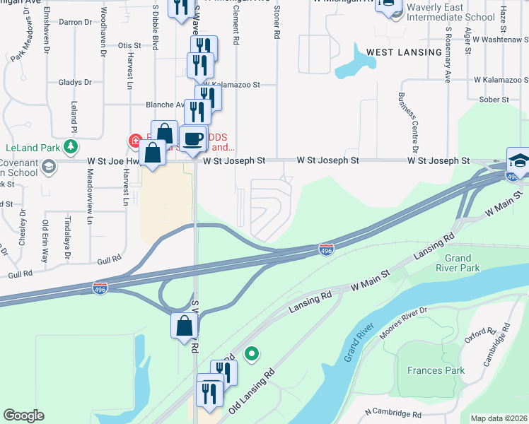 map of restaurants, bars, coffee shops, grocery stores, and more near 3435 West Saint Joseph Street in Lansing