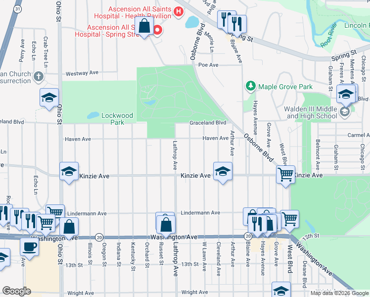 map of restaurants, bars, coffee shops, grocery stores, and more near 712 Monroe Avenue in Racine