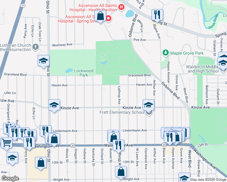 map of restaurants, bars, coffee shops, grocery stores, and more near 714 Lathrop Avenue in Racine