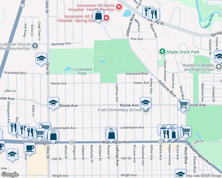 map of restaurants, bars, coffee shops, grocery stores, and more near 714 Lathrop Avenue in Racine