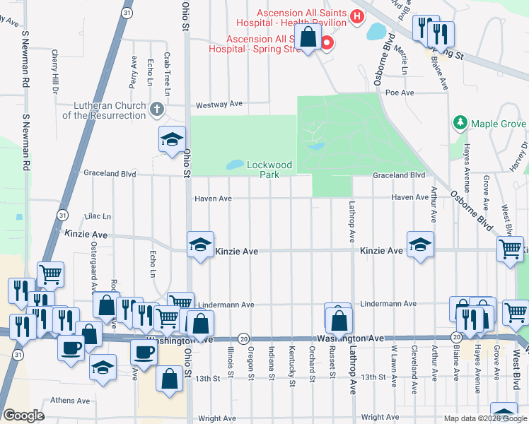 map of restaurants, bars, coffee shops, grocery stores, and more near 709 Indiana Street in Racine