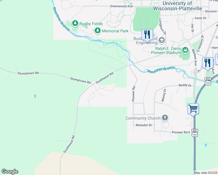 map of restaurants, bars, coffee shops, grocery stores, and more near 1020 Fox Ridge Road in Platteville