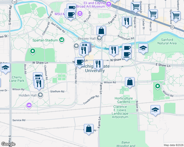map of restaurants, bars, coffee shops, grocery stores, and more near in East Lansing
