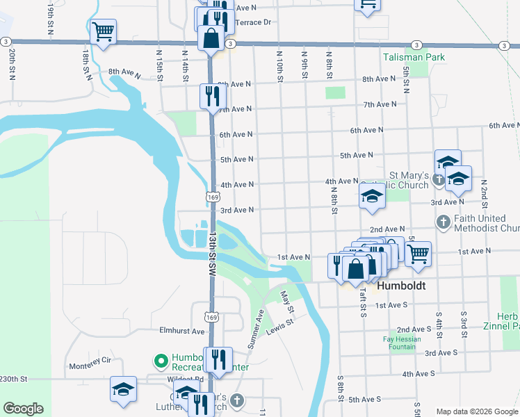 map of restaurants, bars, coffee shops, grocery stores, and more near 300 North 11th Street in Humboldt