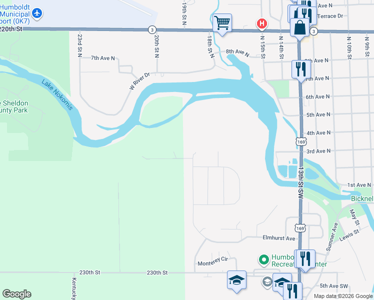 map of restaurants, bars, coffee shops, grocery stores, and more near 200 19th Street Southwest in Humboldt