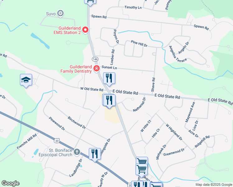 map of restaurants, bars, coffee shops, grocery stores, and more near 3014 East Old State Road in Schenectady