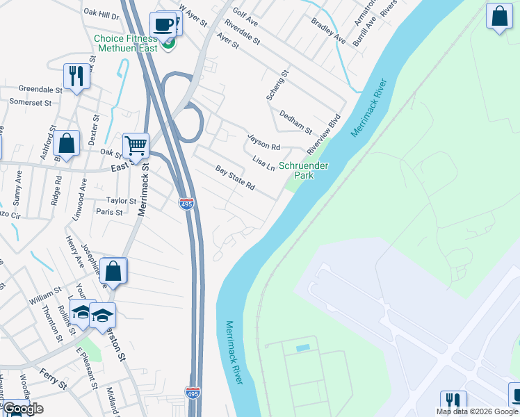 map of restaurants, bars, coffee shops, grocery stores, and more near 191 Bay State Road in Methuen