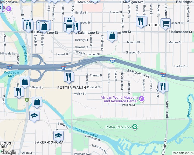 map of restaurants, bars, coffee shops, grocery stores, and more near 1236 Climax Street in Lansing