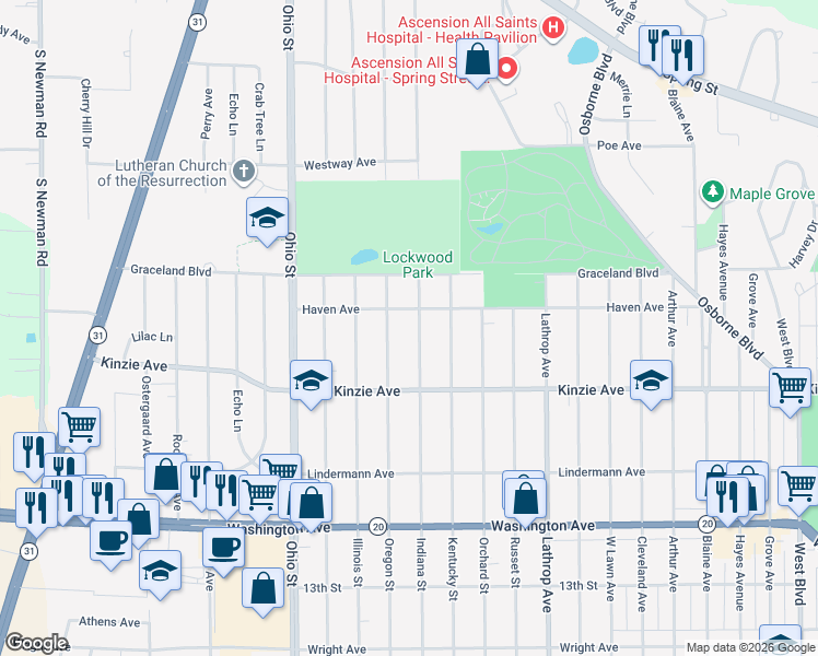 map of restaurants, bars, coffee shops, grocery stores, and more near 709 Indiana Street in Racine