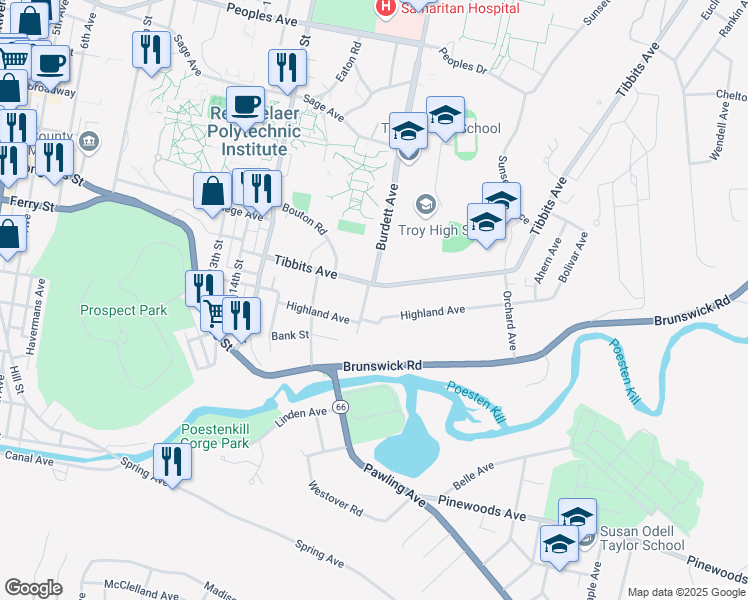 map of restaurants, bars, coffee shops, grocery stores, and more near 11 Bleeker Avenue in Troy