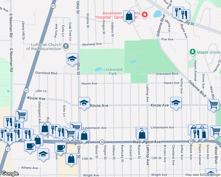 map of restaurants, bars, coffee shops, grocery stores, and more near 709 Indiana Street in Racine