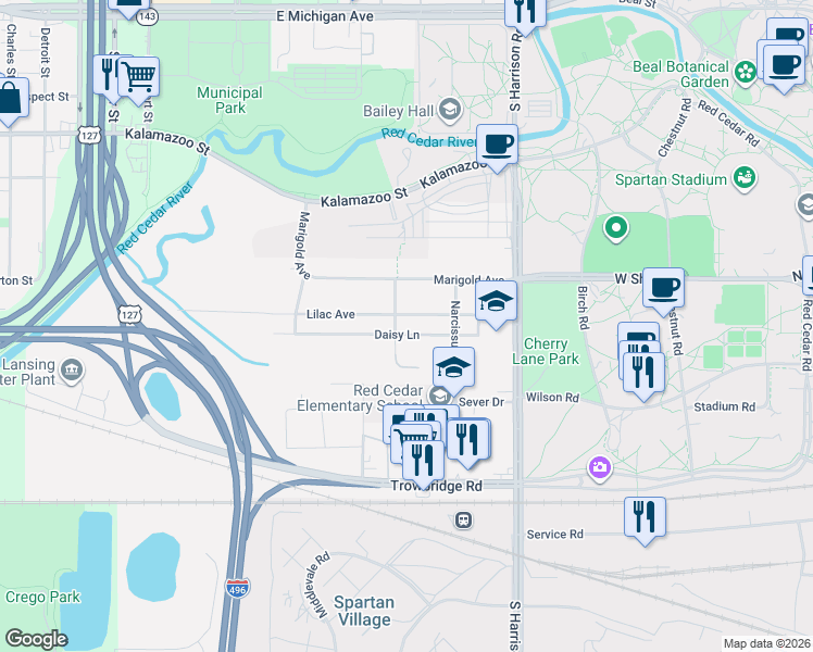 map of restaurants, bars, coffee shops, grocery stores, and more near 1063 Lilac Avenue in East Lansing