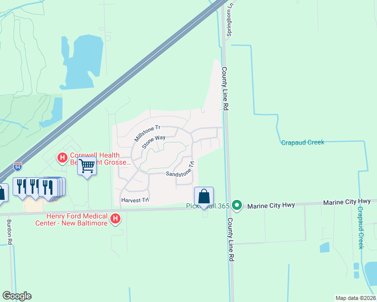 map of restaurants, bars, coffee shops, grocery stores, and more near 37781 Sandstone Trail in Macomb