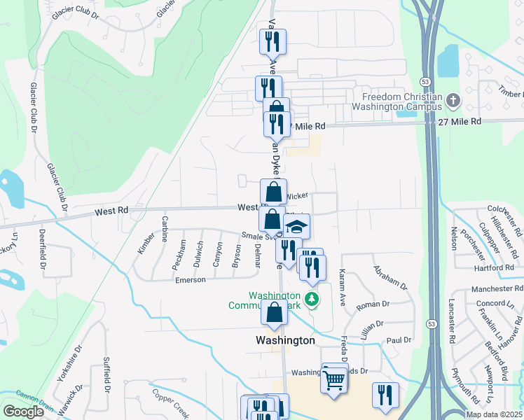 map of restaurants, bars, coffee shops, grocery stores, and more near 7666 West Road in Washington