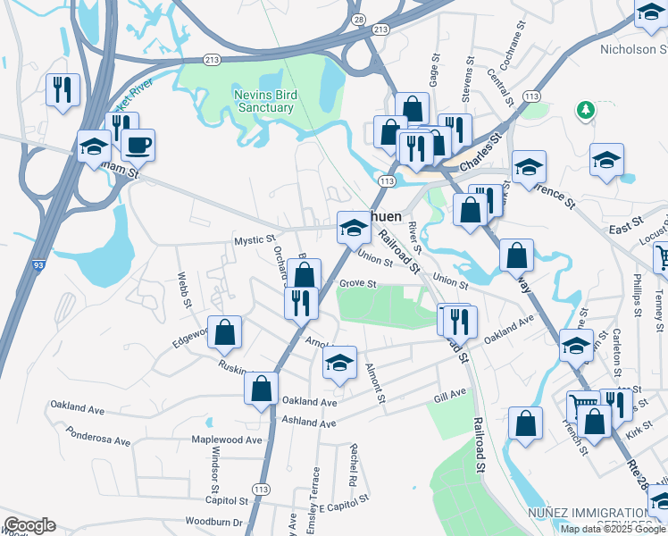 map of restaurants, bars, coffee shops, grocery stores, and more near 55 Lowell Street in Methuen