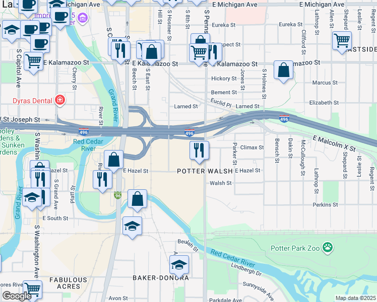 map of restaurants, bars, coffee shops, grocery stores, and more near 1002 Raider Street in Lansing