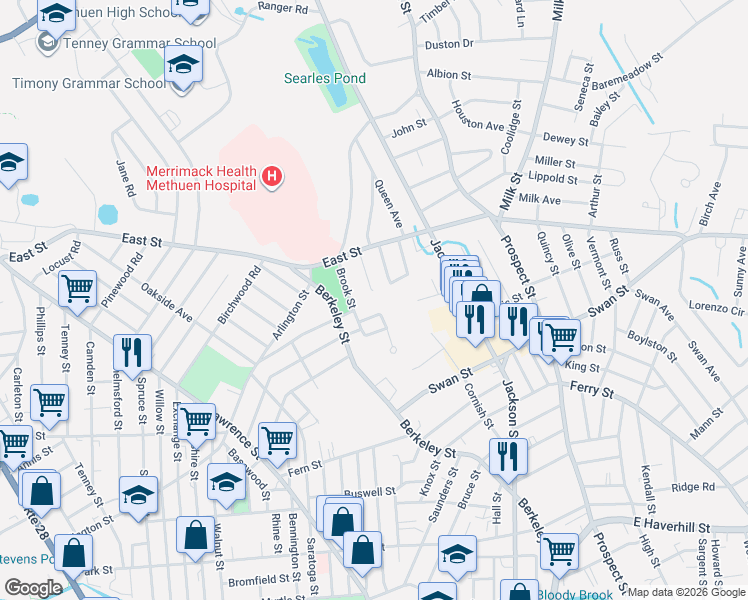 map of restaurants, bars, coffee shops, grocery stores, and more near 128 Brook Street in Methuen
