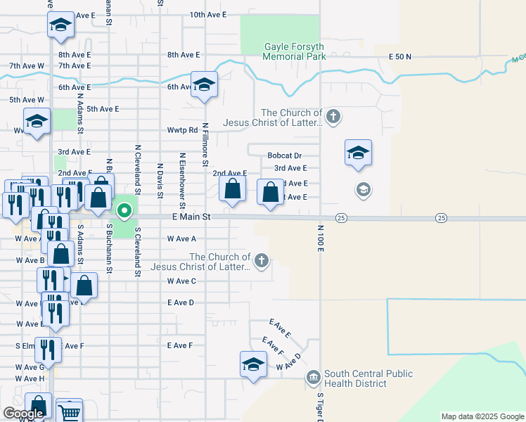 map of restaurants, bars, coffee shops, grocery stores, and more near 876 East Main Street in Jerome