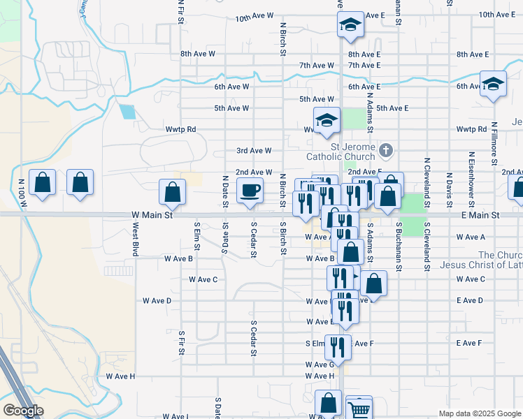 map of restaurants, bars, coffee shops, grocery stores, and more near 350 West Main Street in Jerome
