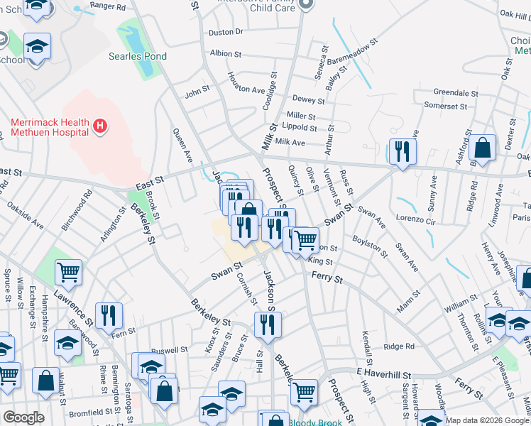 map of restaurants, bars, coffee shops, grocery stores, and more near 34 Adelaide Avenue in Methuen