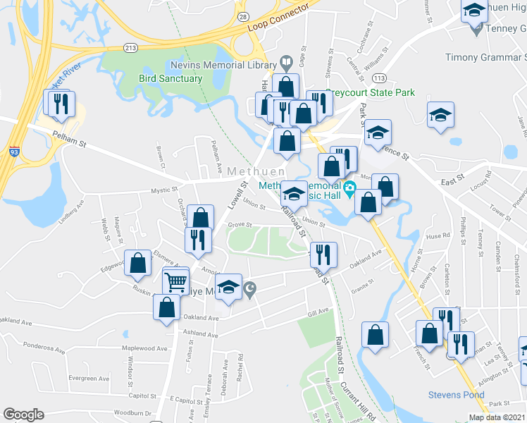 map of restaurants, bars, coffee shops, grocery stores, and more near 67 Union Street in Methuen