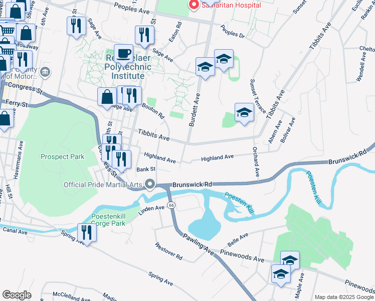map of restaurants, bars, coffee shops, grocery stores, and more near 11 Bleeker Avenue in Troy