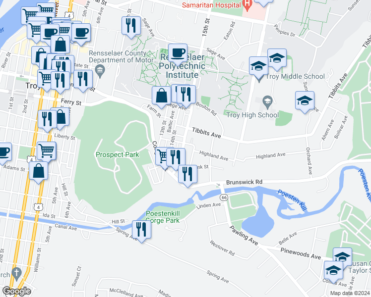 map of restaurants, bars, coffee shops, grocery stores, and more near 1328 15th Street in Troy