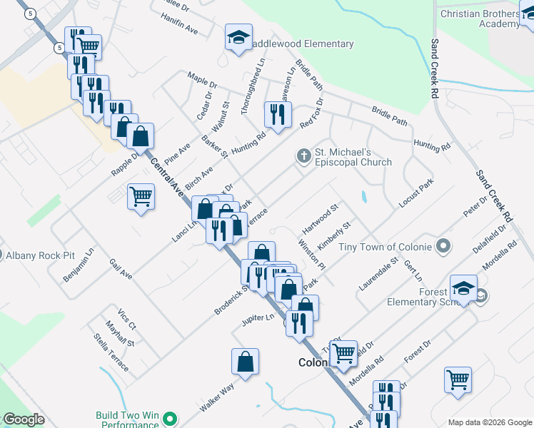 map of restaurants, bars, coffee shops, grocery stores, and more near 27 Fuller Terrace in Colonie