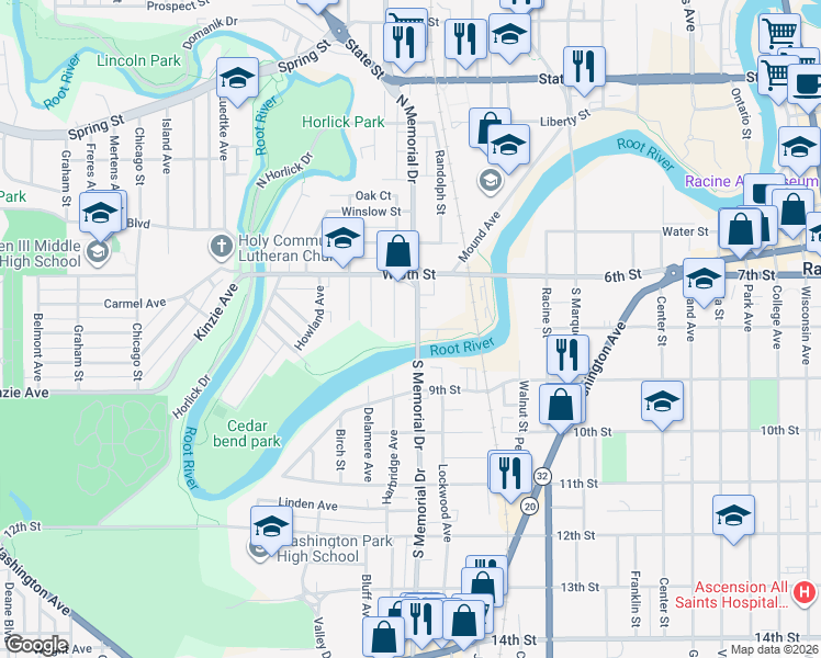 map of restaurants, bars, coffee shops, grocery stores, and more near 231 Harrison Street in Racine