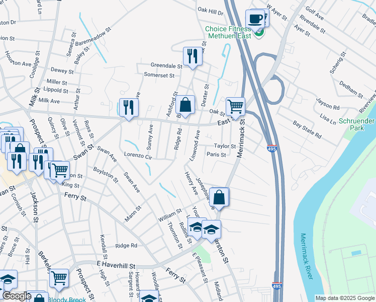 map of restaurants, bars, coffee shops, grocery stores, and more near 30 Meadowbrook Rd in Methuen