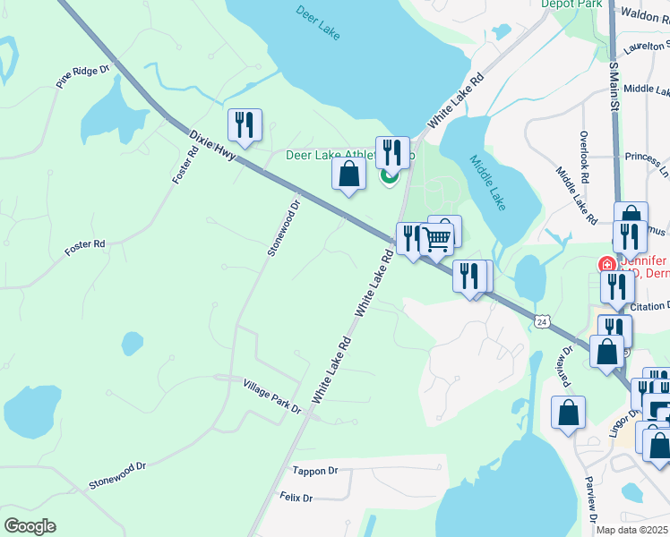 map of restaurants, bars, coffee shops, grocery stores, and more near in Village of Clarkston