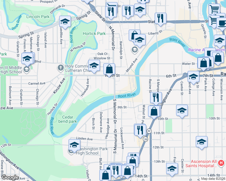 map of restaurants, bars, coffee shops, grocery stores, and more near 231 Harrison Street in Racine