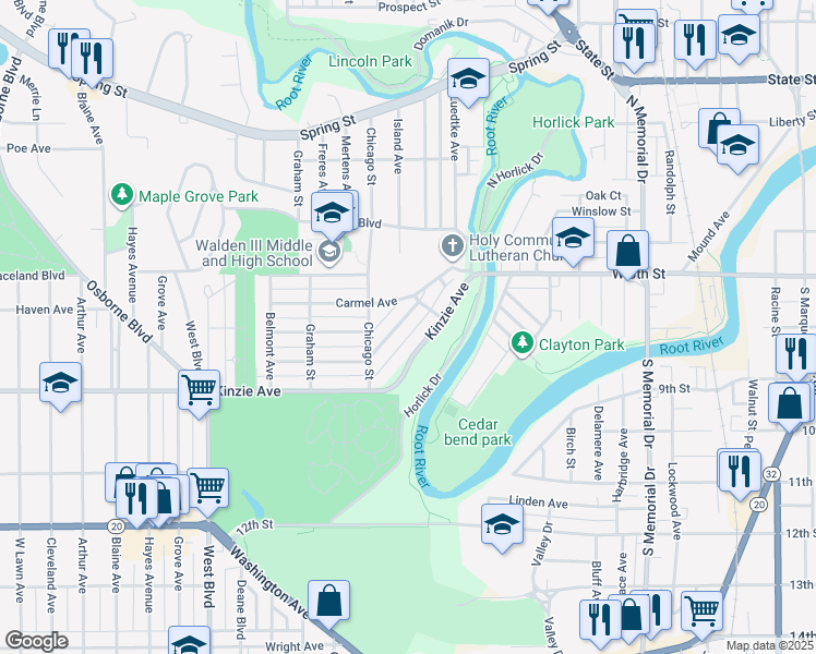 map of restaurants, bars, coffee shops, grocery stores, and more near 2127 Clarence Avenue in Racine