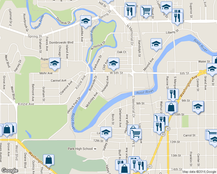 map of restaurants, bars, coffee shops, grocery stores, and more near 203 Howland Avenue in Racine