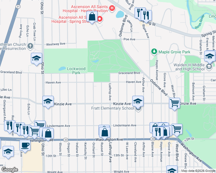 map of restaurants, bars, coffee shops, grocery stores, and more near 714 Lathrop Avenue in Racine