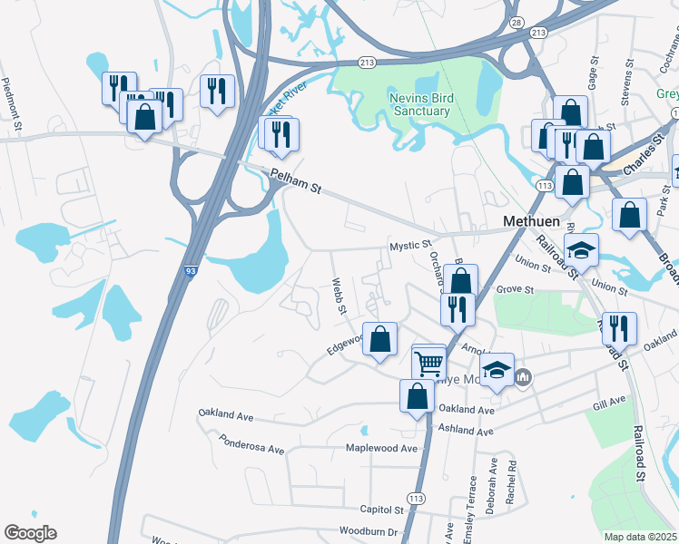 map of restaurants, bars, coffee shops, grocery stores, and more near 33 Webb Street in Methuen