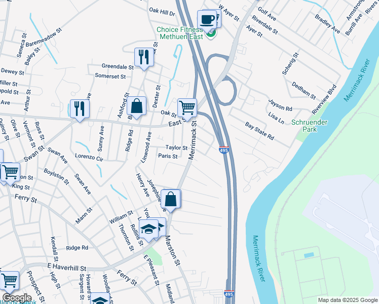 map of restaurants, bars, coffee shops, grocery stores, and more near 34 Merrimack Street in Methuen