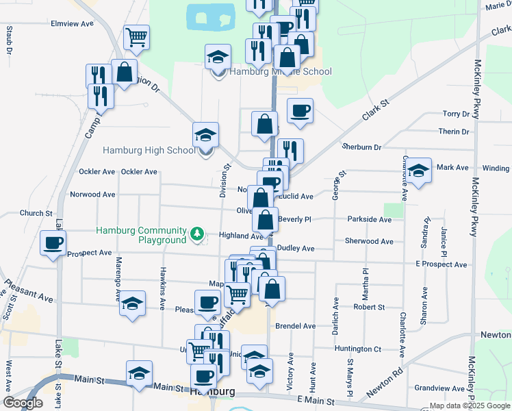 map of restaurants, bars, coffee shops, grocery stores, and more near 23 Oliver Place in Hamburg