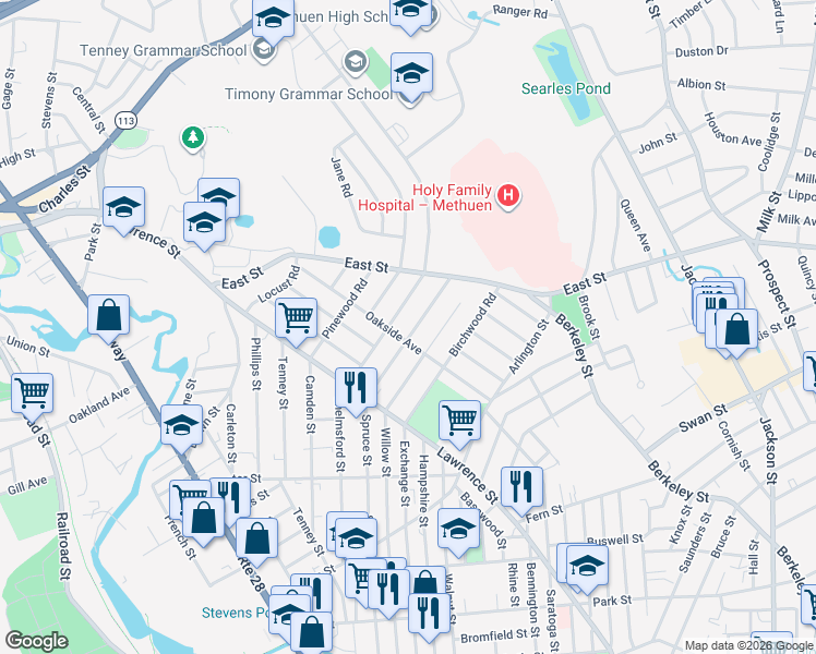 map of restaurants, bars, coffee shops, grocery stores, and more near 52 Kenwood Road in Methuen