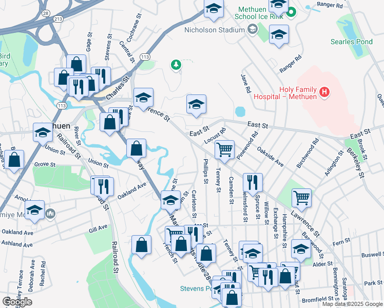 map of restaurants, bars, coffee shops, grocery stores, and more near 96 Brown Street in Methuen