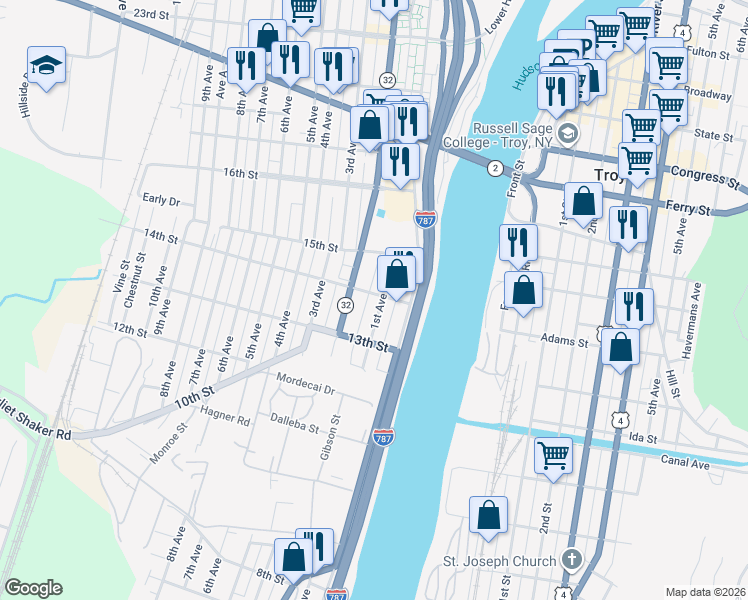 map of restaurants, bars, coffee shops, grocery stores, and more near 102 14th St in Watervliet
