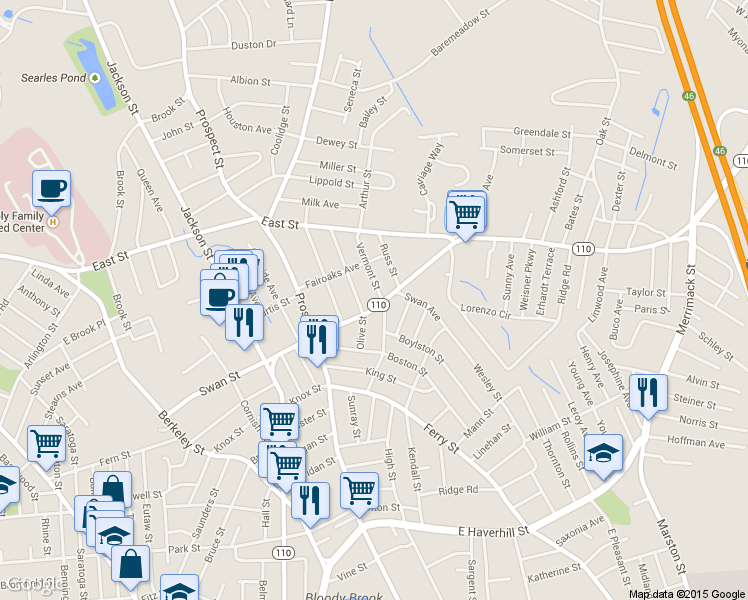 map of restaurants, bars, coffee shops, grocery stores, and more near 108 Swan St in Methuen