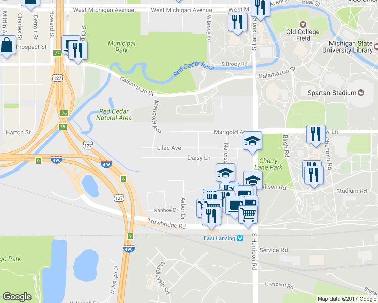 map of restaurants, bars, coffee shops, grocery stores, and more near 1127 Lilac Avenue in East Lansing