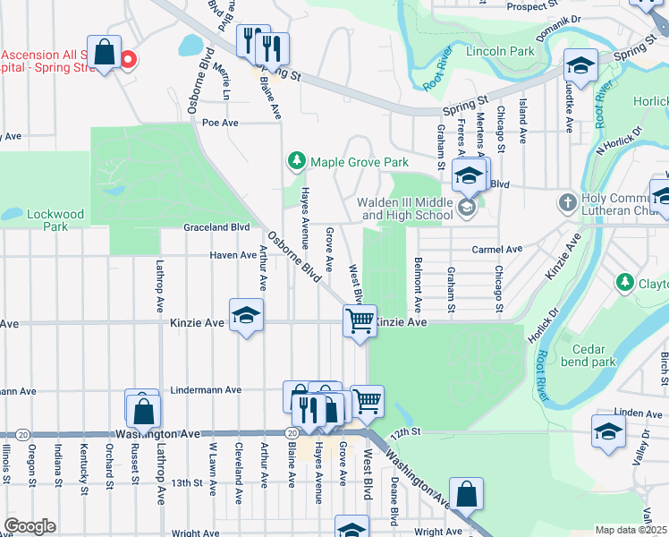 map of restaurants, bars, coffee shops, grocery stores, and more near 713 Grove Avenue in Racine