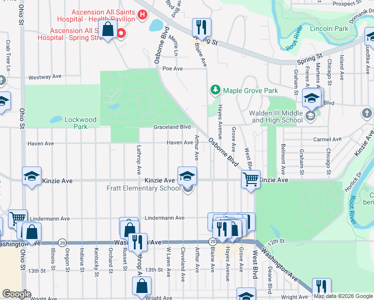 map of restaurants, bars, coffee shops, grocery stores, and more near 715 Cleveland Avenue in Racine
