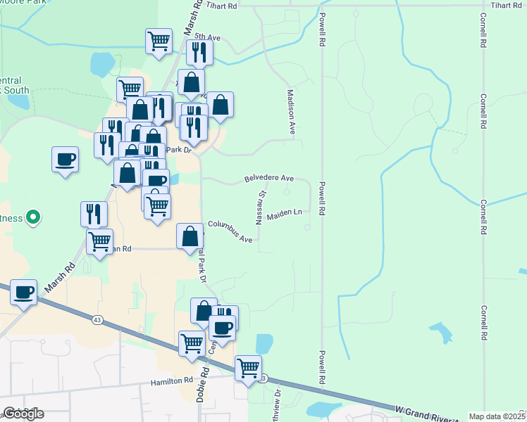 map of restaurants, bars, coffee shops, grocery stores, and more near 1600 Maiden Lane in Meridian charter Township