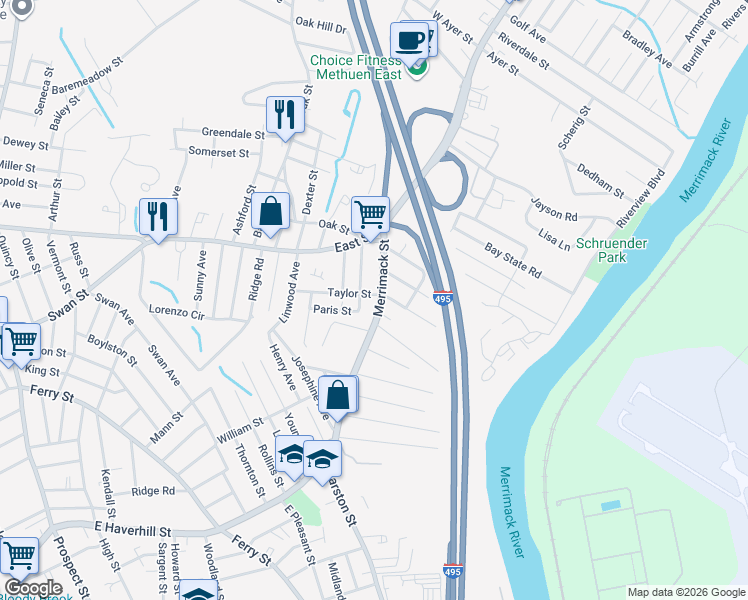 map of restaurants, bars, coffee shops, grocery stores, and more near 34 Merrimack Street in Methuen