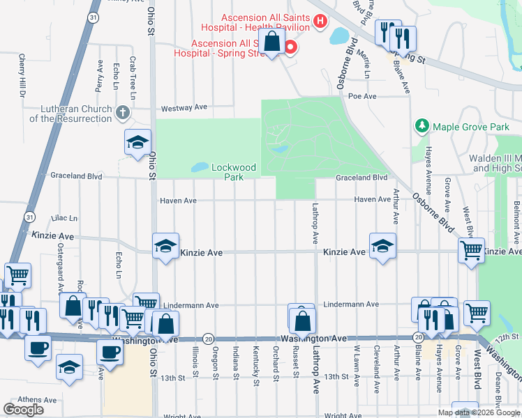 map of restaurants, bars, coffee shops, grocery stores, and more near 711 Kentucky Street in Racine