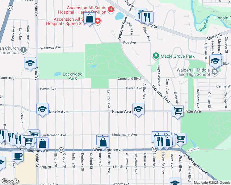 map of restaurants, bars, coffee shops, grocery stores, and more near 712 Monroe Avenue in Racine